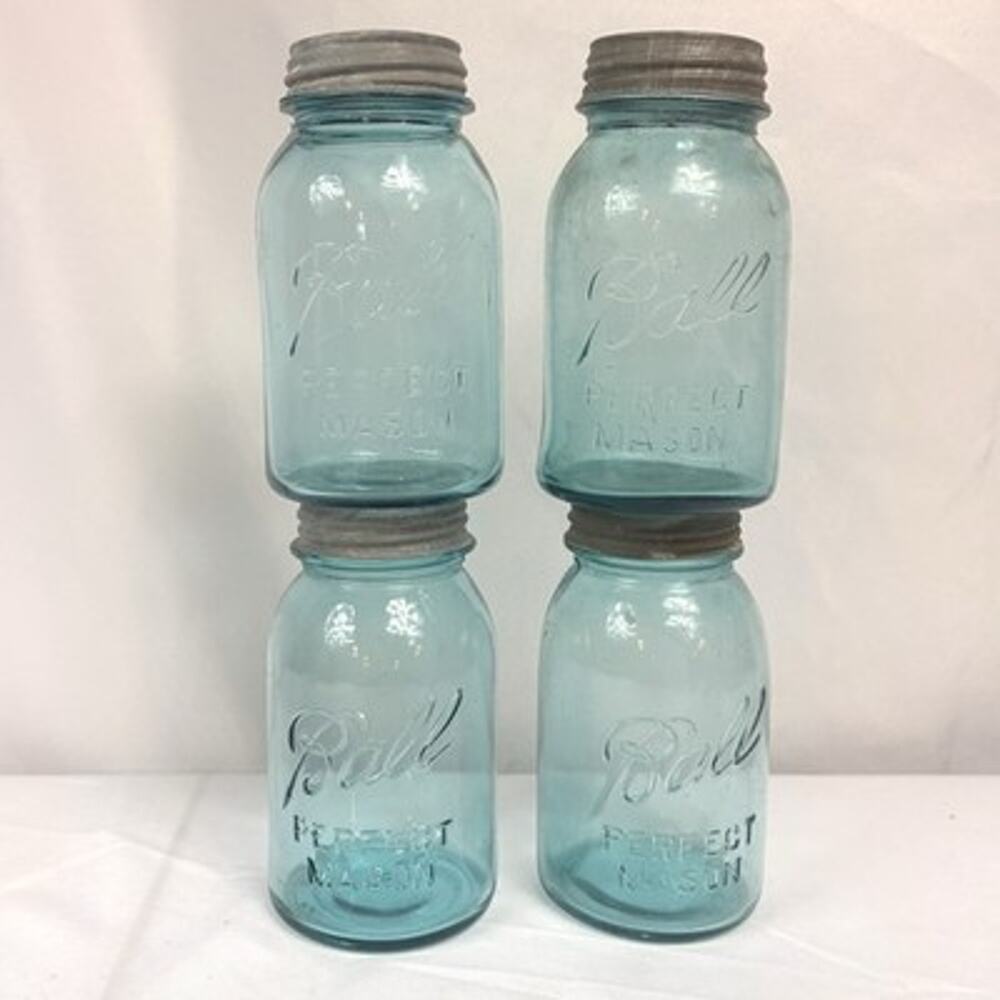 Antique Ball Perfect Mason Blue Quart Canning Jars Zinc Lids Lot 4 1910s 1920s
